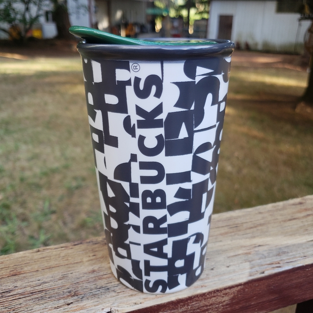 2014 Starbucks Black and White Letters Ceramic Tumbler With Green Ceramic Lid